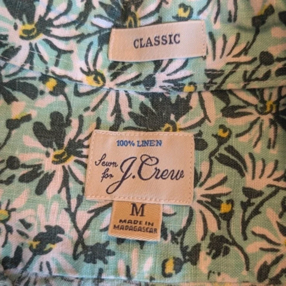 J.Crew 100% Linen Short‎ Sleeve Button Down Mens M Green Daisy Floral